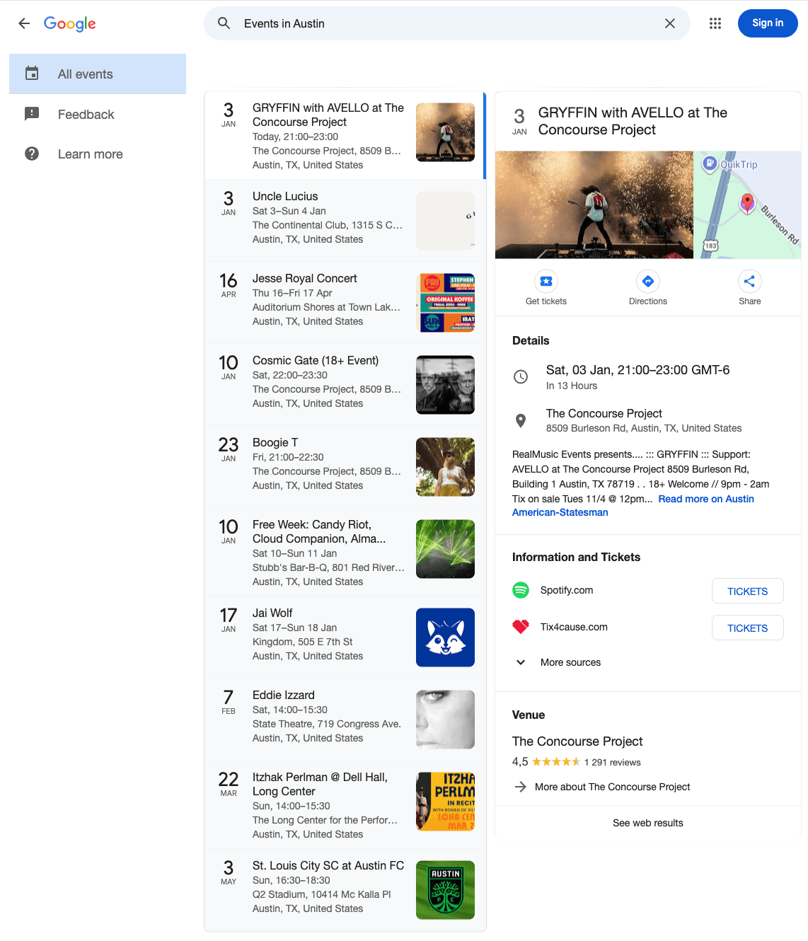 The retired standalone Google Events view for "Events in Austin": a scrollable list of events on the left and a detail panel with tickets and venue on the right