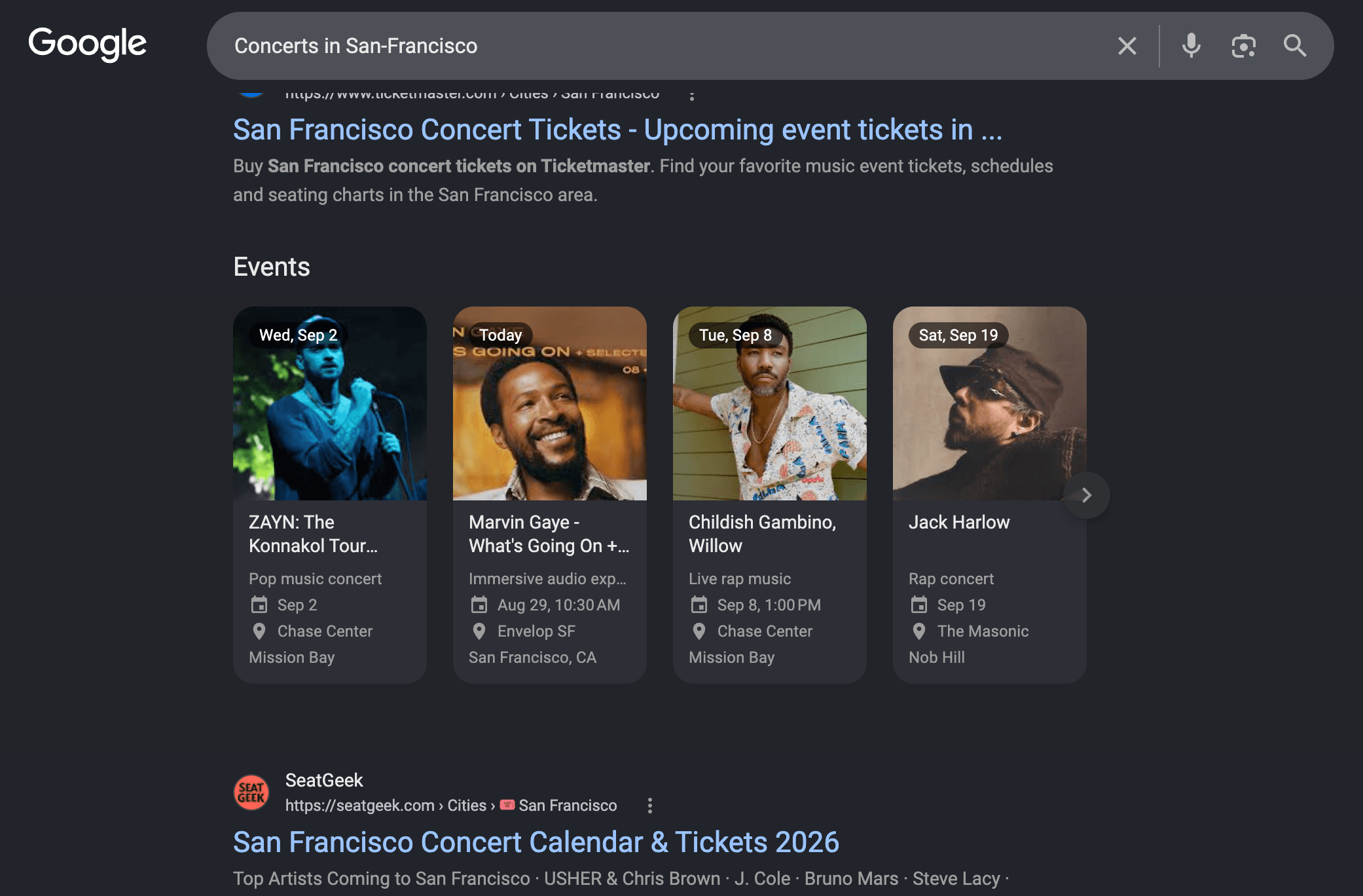 Google search results for "Concerts in San-Francisco" showing the new Events carousel between organic results