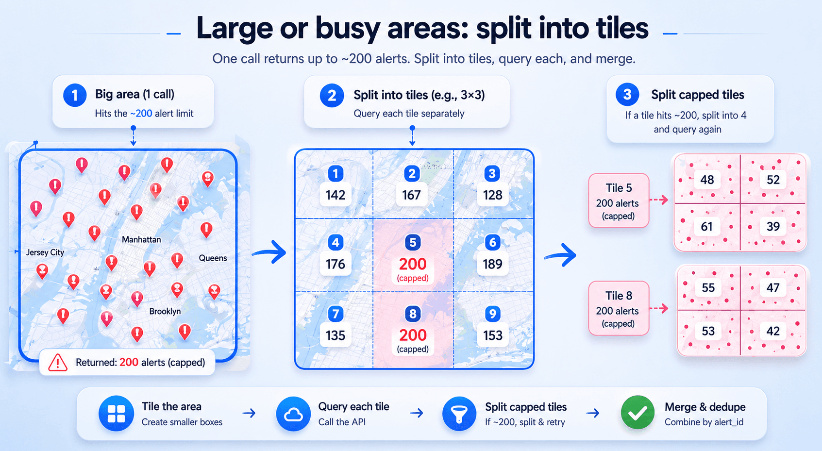 A large area divided into a grid of smaller bounding-box tiles, each queried separately to stay under the Waze API per-call alert limit